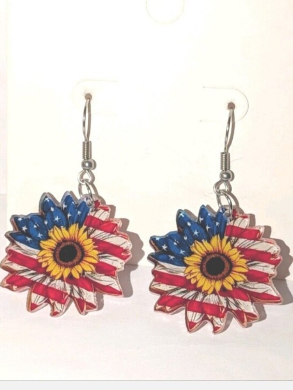 American Flag Sunflower Dangle Earrings - Yellow & Red/Blue